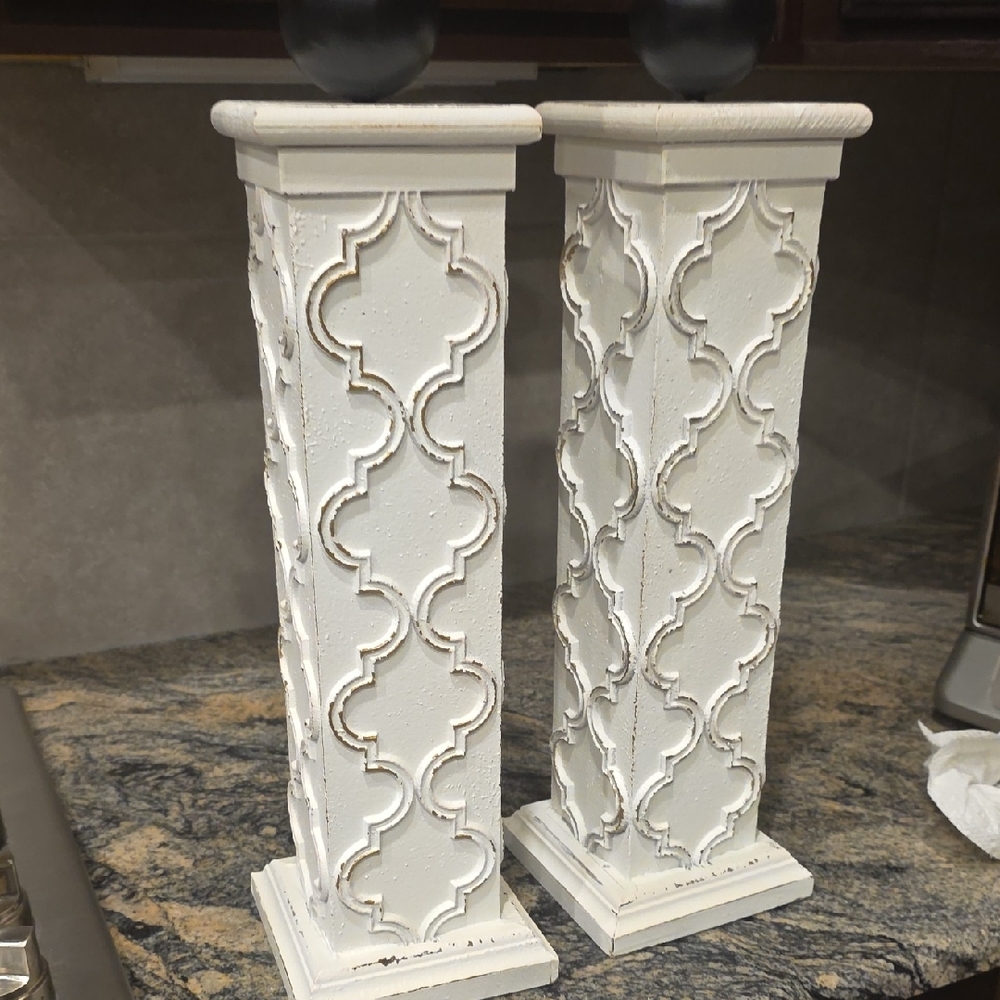 Distressed White Carved Pillar Candle Holders with Black Accents - Pair - Picture 8 of 8